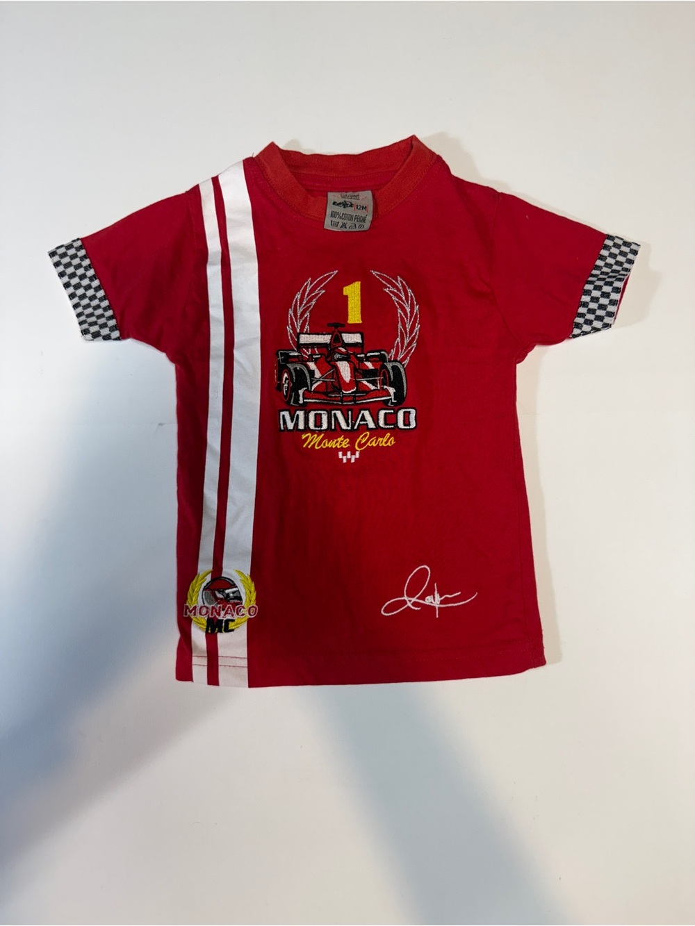 monaco Red Racing Graphic Tee with Checkered Sleeve Trim